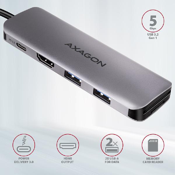 AXAGON HMC-5 2x USB-A, HDMI, SD/microSD, USB 3.2 Gen 1 hub, PD 100W, 20cm USB-C cable *USBCM *USBCF *HDMIF *USBAF *SDF *MSDF