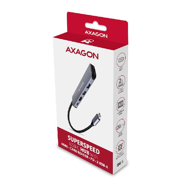 AXAGON HMC-5 2x USB-A, HDMI, SD/microSD, USB 3.2 Gen 1 hub, PD 100W, 20cm USB-C cable *USBCM *USBCF *HDMIF *USBAF *SDF *MSDF