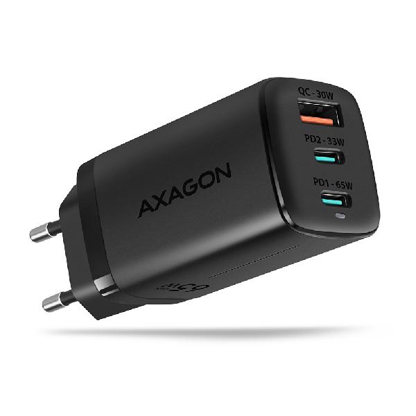 AXAGON ACU-DPQ65 GaN Wall charger, 3x port (USB + dual USB-C), PD3.0/QC4+/PPS/Apple, 65W, black *USBAF *USBCF