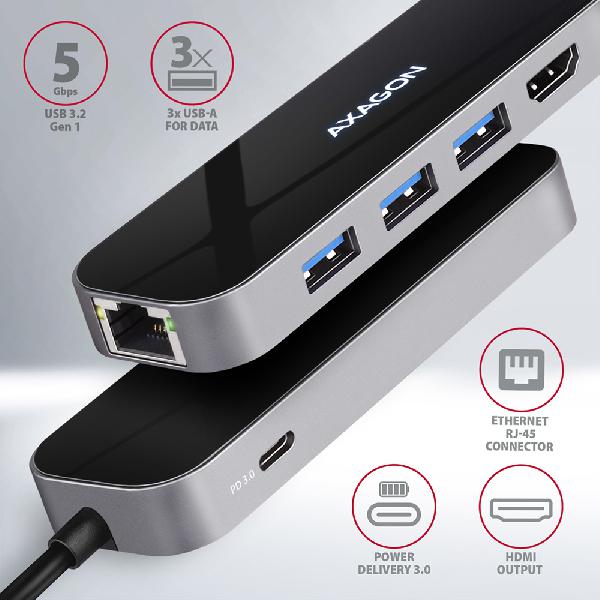 AXAGON HMC-6GL 3x USB-A, HDMI, RJ-45, USB 3.2 Gen 1 hub, PD 100W, 20cm USB-C cable *USBCM *USBCF *HDMIF *USBAF *RJ45F