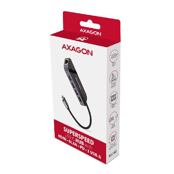 AXAGON HMC-6GL 3x USB-A, HDMI, RJ-45, USB 3.2 Gen 1 hub, PD 100W, 20cm USB-C cable *USBCM *USBCF *HDMIF *USBAF *RJ45F