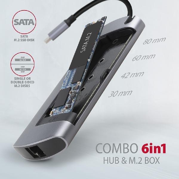 AXAGON HMC-6M2 USB-C 3.2 Gen 1 hub w. M.2 SATA + HDMI + GLAN + 2x USB-A + PD 100W *USBCM *USBCF *USBAF *HDMIF *RJ45F *M.2