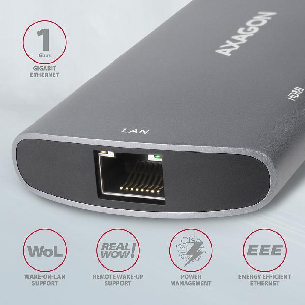 AXAGON HMC-6M2 USB-C 3.2 Gen 1 hub w. M.2 SATA + HDMI + GLAN + 2x USB-A + PD 100W *USBCM *USBCF *USBAF *HDMIF *RJ45F *M.2