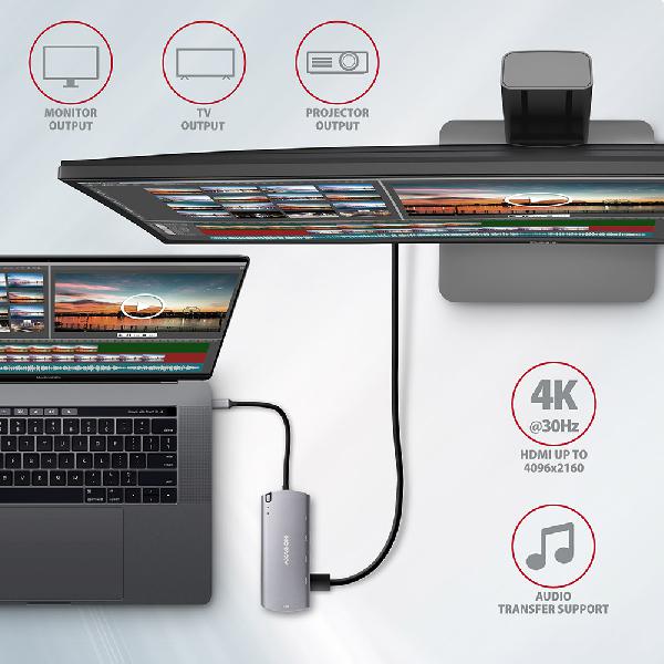 AXAGON HMC-6M2 USB-C 3.2 Gen 1 hub w. M.2 SATA + HDMI + GLAN + 2x USB-A + PD 100W *USBCM *USBCF *USBAF *HDMIF *RJ45F *M.2