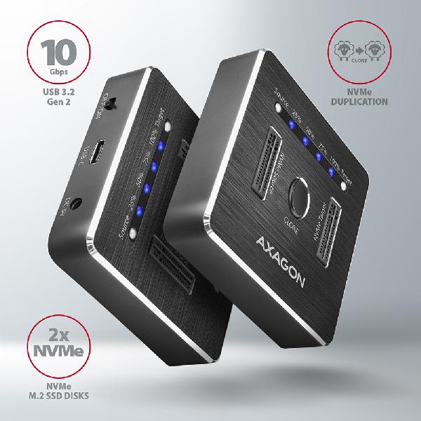 AXAGON ADSA-M2C USB-C 3.2 Gen2 - 2x NVMe CLONE DUAL SDD Dock Station *USBAM *USBCM *USBCF *SATAF