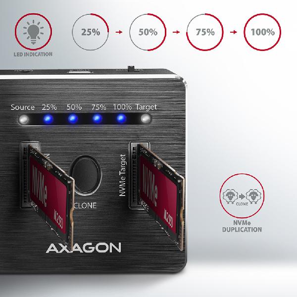 AXAGON ADSA-M2C USB-C 3.2 Gen2 - 2x NVMe CLONE DUAL SDD Dock Station *USBAM *USBCM *USBCF *SATAF