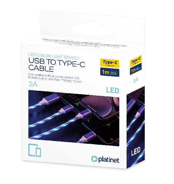 Platinet USB USB A - USB Type-C charging cable with LED color light effect BLUE - 2A, 1m, *USBAM, *USBCM
