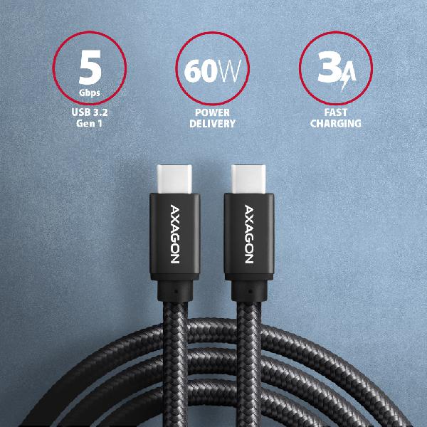 AXAGON BUCM3-CM30AB cable USB-C <-> USB-C 3.2 Gen 1, 3m, PD 60W, 3A, ALU, braid, Black