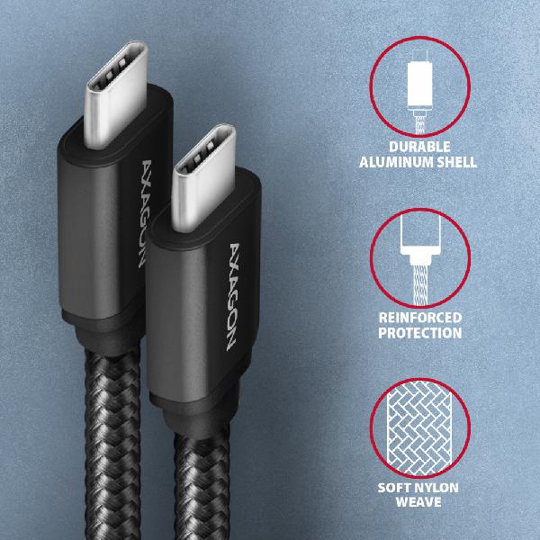 AXAGON BUCM3-CM30AB cable USB-C <-> USB-C 3.2 Gen 1, 3m, PD 60W, 3A, ALU, braid, Black