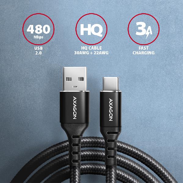 AXAGON BUCM-AM20AB cable USB-C <-> USB-A, 2m, USB 2.0, 3A, ALU, braid, Black