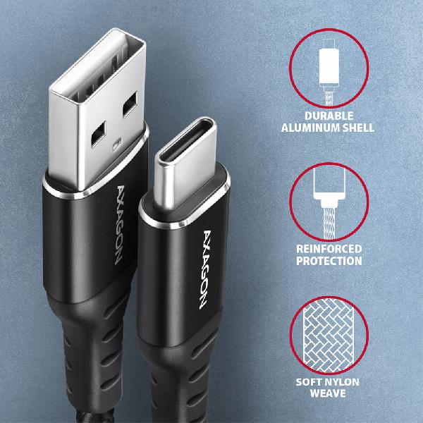 AXAGON BUCM-AM20AB cable USB-C <-> USB-A, 2m, USB 2.0, 3A, ALU, braid, Black