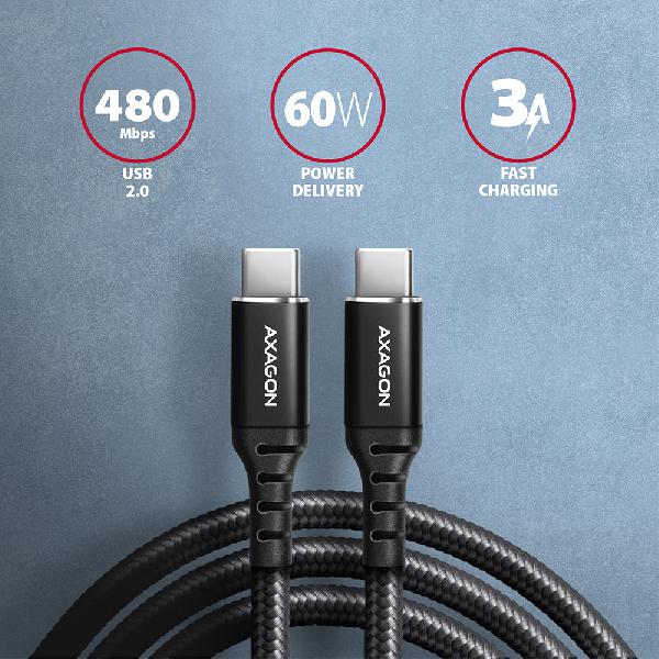 AXAGON BUCM-CM20AB cable USB-C <-> USB-C 2.0, 2m, PD 60W, 3A, ALU, braid, Black