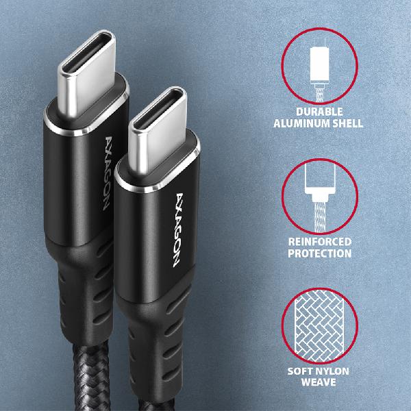 AXAGON BUCM-CM20AB cable USB-C <-> USB-C 2.0, 2m, PD 60W, 3A, ALU, braid, Black