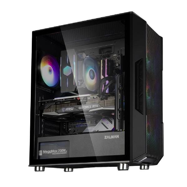 Zalman I3 Neo Black ATX Mid Tower PC Case, Mesh front for efficient cooling, Pre-installed fan: 3 x 120mm RGB LED front, 1 x 120mm RGB LED rear, 2 x 3.5, 3 x 2.5, Tempered Glass window left, 422(D) x 219(W) x 484(H)mm