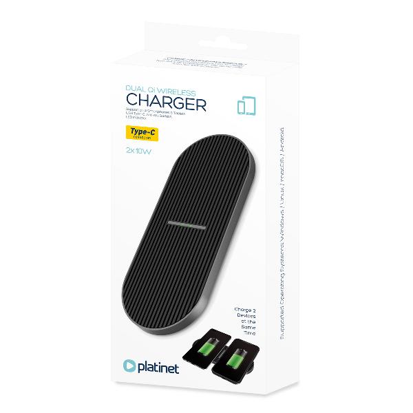 Platinet QI Wireless Charger - DUO 2x10W type C - zwart, 2 telefoons gelijktijdig laden (alleen lader zonder adapter en kabel)