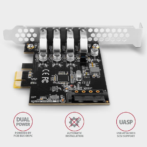 AXAGON PCEU-43RS PCIe Adapter 4x USB3.0 UASP VIA, 15-pin SATA power supply