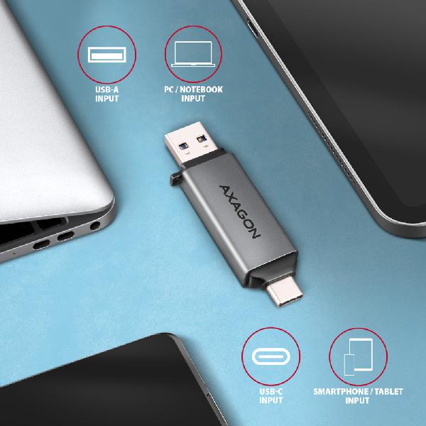 AXAGON CRE-DAC USB-C + USB-A 5 Gbps MINI card reader 2-slot & lun SD/microSD, UHS-I