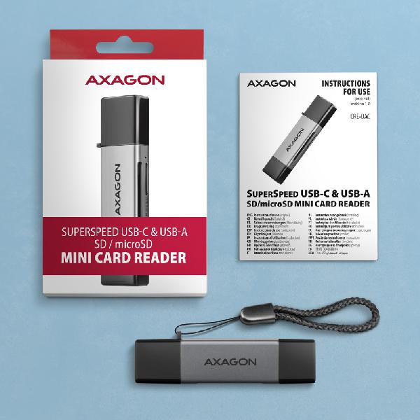 AXAGON CRE-DAC USB-C + USB-A 5 Gbps MINI card reader 2-slot & lun SD/microSD, UHS-I