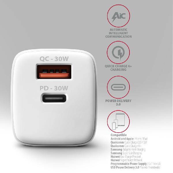 AXAGON ACU-PQ30W Sil Wall charger 30W, 2x port (USB-A + USB-C), PD3.0/PPS/QC4+/AFC/Apple