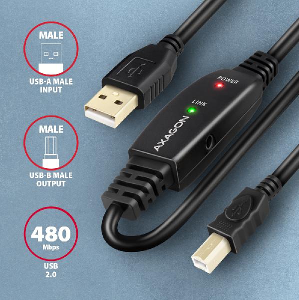 AXAGON ADR-210B USB 2.0 A-M -> B-M active connecting/repeater cable 10m