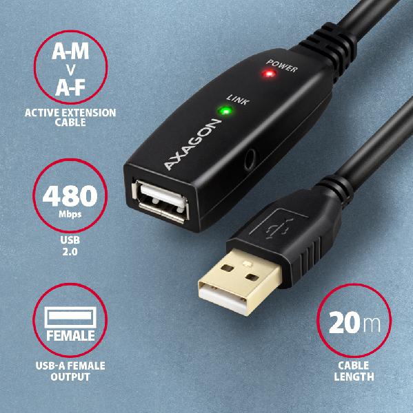 AXAGON ADR-220 USB 2.0 A-M -> A-F active extension/repeater cable 20m