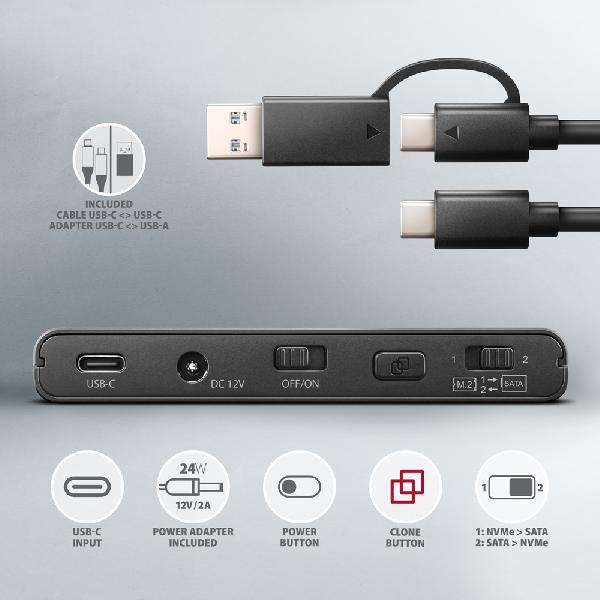 AXAGON ADSA-CC USB-C 10Gbps - NVMe M.2 SSD & SATA 2.5 /3.5 SSD/HDD CLONE MASTER 2