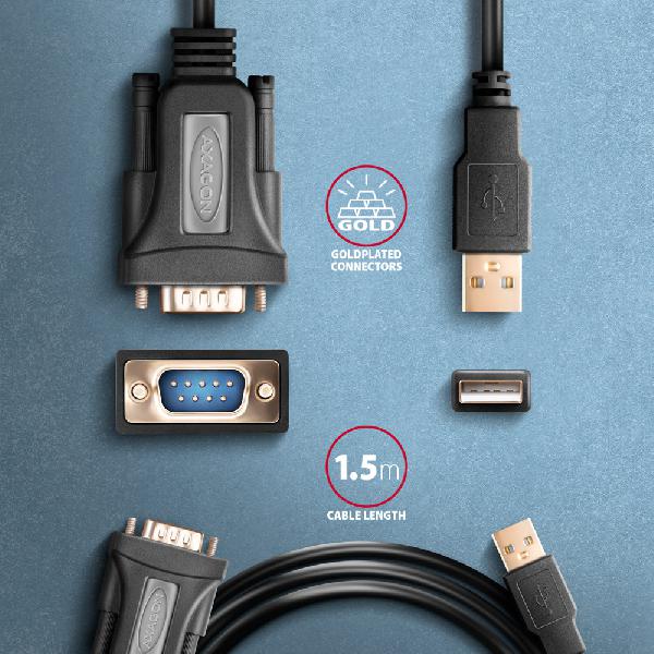 AXAGON ADS-1PQN USB-A 2.0 - serial RS-232 DB9-M FTDI adapter / cable 1.5m