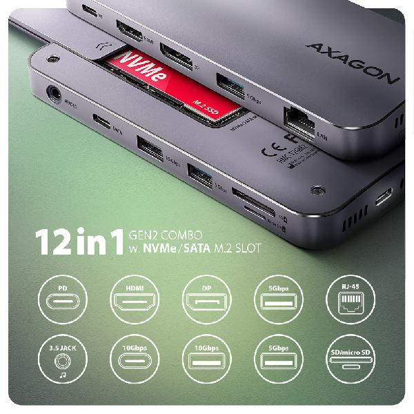 AXAGON HMC-12GM2, USB 10Gbps hub, 3x USB-A, USB-C, HDMI, DP, RJ-45, M.2, SD/mSD, audio, PD