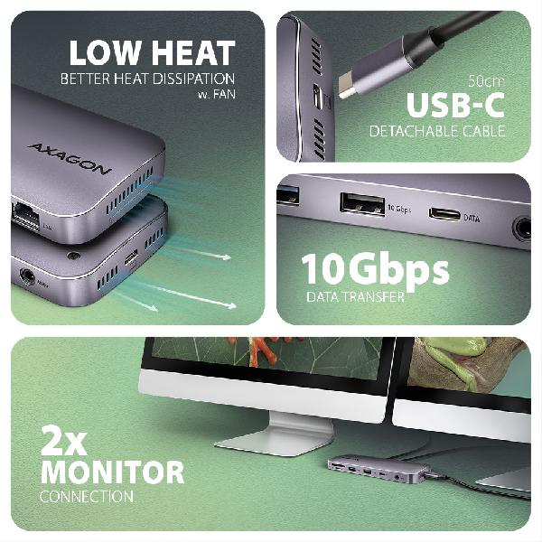 AXAGON HMC-12GM2, USB 10Gbps hub, 3x USB-A, USB-C, HDMI, DP, RJ-45, M.2, SD/mSD, audio, PD