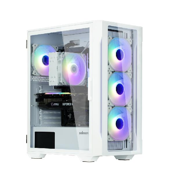 Zalman I3 Neo TG White ATX Mid Tower PC Case, Tempered Glass front, Pre-installed fan: 3 x 120mm Infinity ARGB, 1 x 120mm Infinity ARGB rear, 2 x 3.5, 3 x 2.5, Tempered Glass window left, 415(D) x 219(W) x 484(H)mm