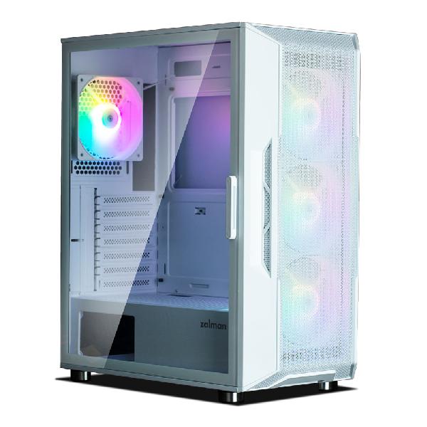 Zalman I3 Neo White ATX Mid Tower PC Case, Mesh front for efficient cooling, Pre-installed fan: 3 x 120mm RGB LED front, 1 x 120mm RGB LED rear, 2 x 3.5, 3 x 2.5, Tempered Glass window left, 422(D) x 219(W) x 484(H)mm