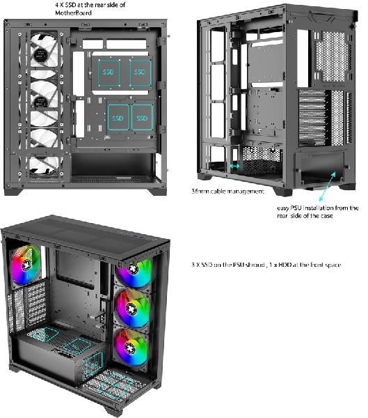 Xilence Xilent Gleam Black, ATX tempered glass aquarium style case, 4 x 140 mm ARGB fan included, PWM/ARGB controller