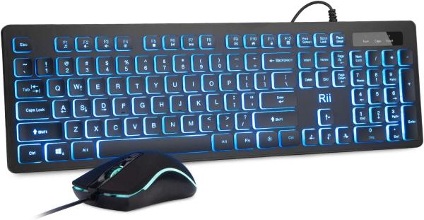 Rii RK105 Keyboard & Mouse Combo, bedraad full-size toetsenbord + optische muis, RGB 3-kleur backlight, 1200/1600/2400 DPI muis, multifunctionele toetsen, USB-plug-and-play