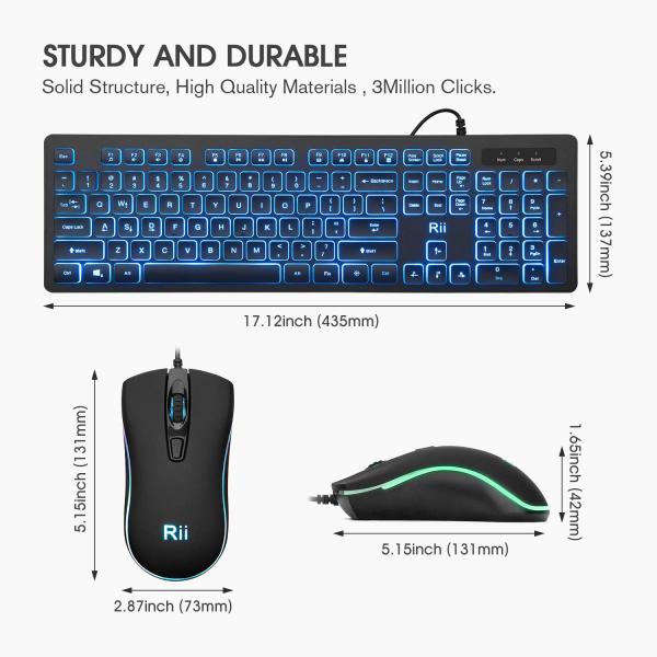 Rii RK105 Keyboard & Mouse Combo, bedraad full-size toetsenbord + optische muis, RGB 3-kleur backlight, 1200/1600/2400 DPI muis, multifunctionele toetsen, USB-plug-and-play