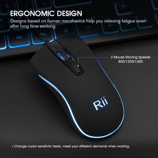Rii RK105 Keyboard & Mouse Combo, bedraad full-size toetsenbord + optische muis, RGB 3-kleur backlight, 1200/1600/2400 DPI muis, multifunctionele toetsen, USB-plug-and-play