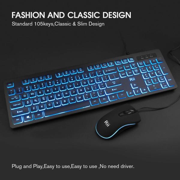 Rii RK105 Keyboard & Mouse Combo, bedraad full-size toetsenbord + optische muis, RGB 3-kleur backlight, 1200/1600/2400 DPI muis, multifunctionele toetsen, USB-plug-and-play