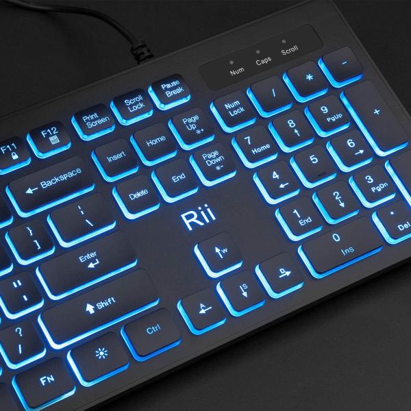 Rii RK105 Keyboard & Mouse Combo, bedraad full-size toetsenbord + optische muis, RGB 3-kleur backlight, 1200/1600/2400 DPI muis, multifunctionele toetsen, USB-plug-and-play