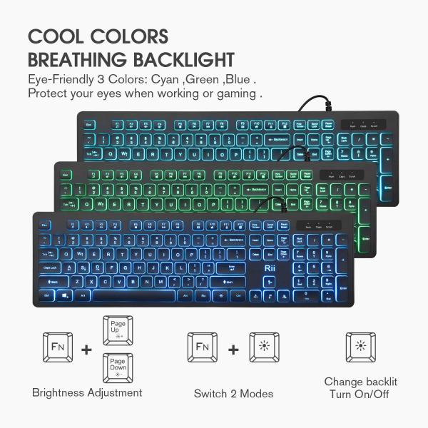 Rii RK105 Keyboard & Mouse Combo, bedraad full-size toetsenbord + optische muis, RGB 3-kleur backlight, 1200/1600/2400 DPI muis, multifunctionele toetsen, USB-plug-and-play