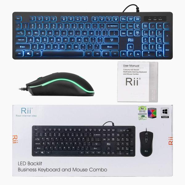Rii RK105 Keyboard & Mouse Combo, bedraad full-size toetsenbord + optische muis, RGB 3-kleur backlight, 1200/1600/2400 DPI muis, multifunctionele toetsen, USB-plug-and-play