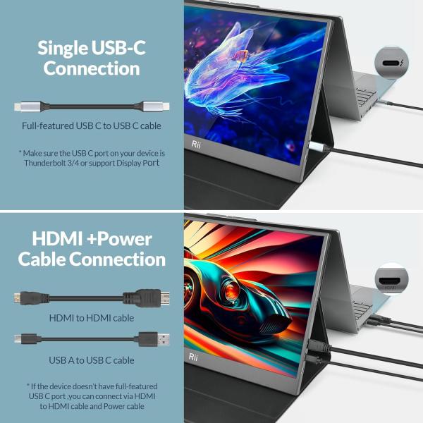 Rii 15.6 inch FHD 1920x1080 portable IPS monitor met USB C en HDMI, ultra slim ontwerp met beschermcover, HDR ondersteuning en device support voor laptop, PC, telefoon en consoles (1.8kg, 35.6 x 22.3 x 0.96cm)
