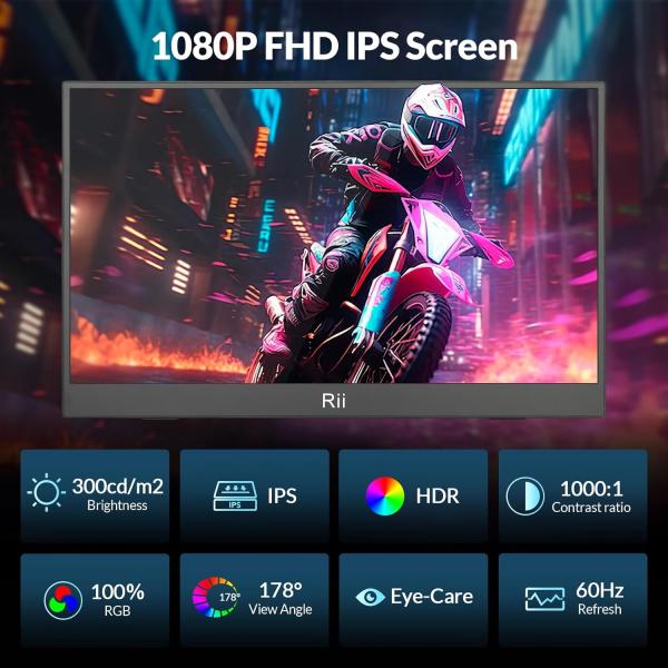 Rii 15.6 inch FHD 1920x1080 portable IPS monitor met USB C en HDMI, ultra slim ontwerp met beschermcover, HDR ondersteuning en device support voor laptop, PC, telefoon en consoles (1.8kg, 35.6 x 22.3 x 0.96cm)