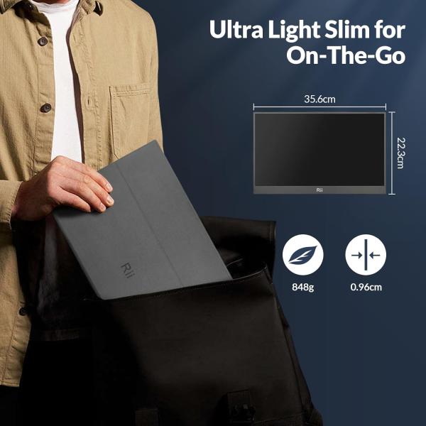 Rii 15.6 inch FHD 1920x1080 portable IPS monitor met USB C en HDMI, ultra slim ontwerp met beschermcover, HDR ondersteuning en device support voor laptop, PC, telefoon en consoles (1.8kg, 35.6 x 22.3 x 0.96cm)