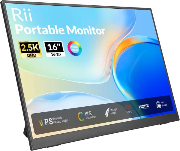 Rii 16 inch FHD 2560x1600 portable IPS monitor met USB C en HDMI, ultra slim ontwerp met beschermcover, HDR ondersteuning en device support voor laptop, PC, telefoon en consoles (1.8kg, 35.6 x 22.3 x 0.96cm)