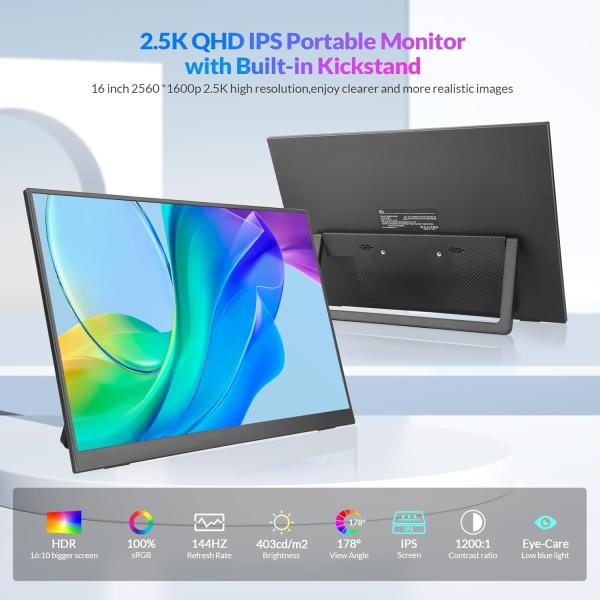 Rii 16 inch FHD 2560x1600 portable IPS monitor met USB C en HDMI, ultra slim ontwerp met beschermcover, HDR ondersteuning en device support voor laptop, PC, telefoon en consoles (1.8kg, 35.6 x 22.3 x 0.96cm)
