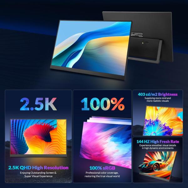 Rii 16 inch FHD 2560x1600 portable IPS monitor met USB C en HDMI, ultra slim ontwerp met beschermcover, HDR ondersteuning en device support voor laptop, PC, telefoon en consoles (1.8kg, 35.6 x 22.3 x 0.96cm)