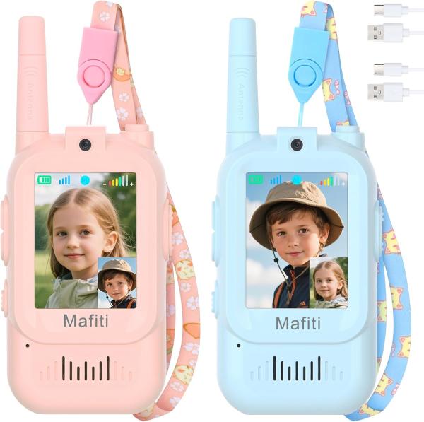 Mafiti video-walkietalkies voor kinderen, set van 2, camera, 300 m bereik, oplaadbaar, blauw/roze