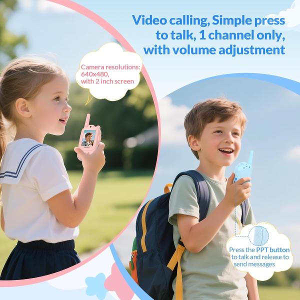 Mafiti video-walkietalkies voor kinderen, set van 2, camera, 300 m bereik, oplaadbaar, blauw/roze