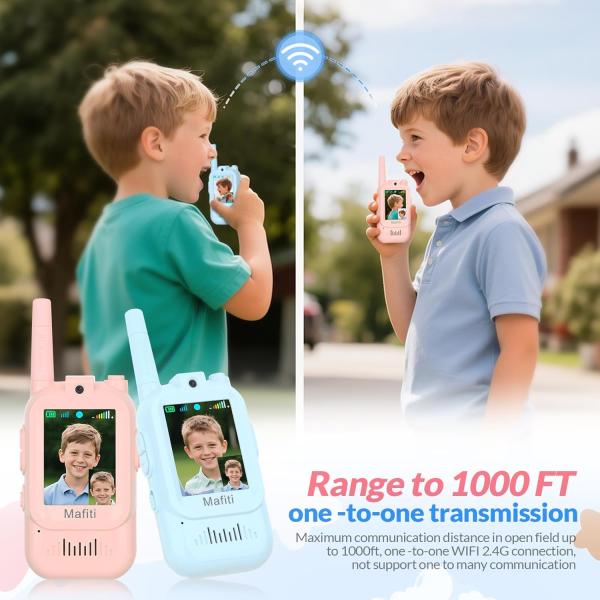 Mafiti video-walkietalkies voor kinderen, set van 2, camera, 300 m bereik, oplaadbaar, blauw/roze
