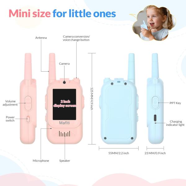 Mafiti video-walkietalkies voor kinderen, set van 2, camera, 300 m bereik, oplaadbaar, blauw/roze