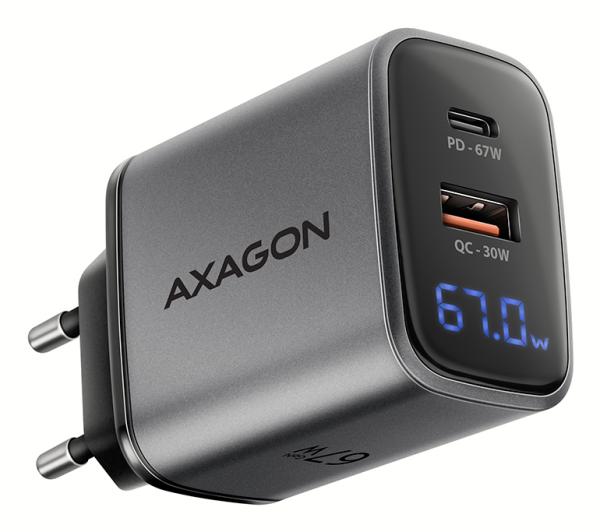 AXAGON ACU-PQ67D GaN Wall charger 67W, output USB-A + USB-C, PD3.0/PPS/QC4+/SFC/Apple, LCD